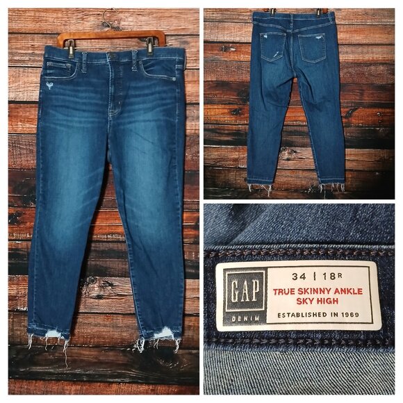 GAP Jeans Size 18 34 True Skinny Ankle Sky High Rise Dark Denim Stretch Raw Hem - Picture 1 of 10